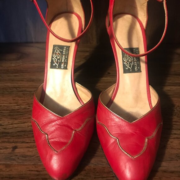 Vintage Red 3 inch Leather Pumps Heels, Gold Accents and Trim, Ankle Strap - Picture 4 of 10